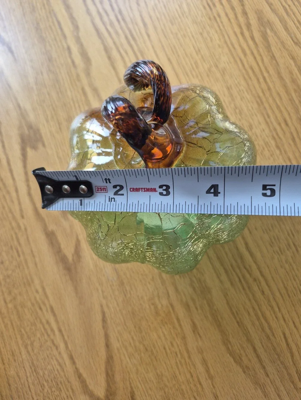 Hand Blown Green Crackle Glass Pumpkin Amber Stem Fall Decor